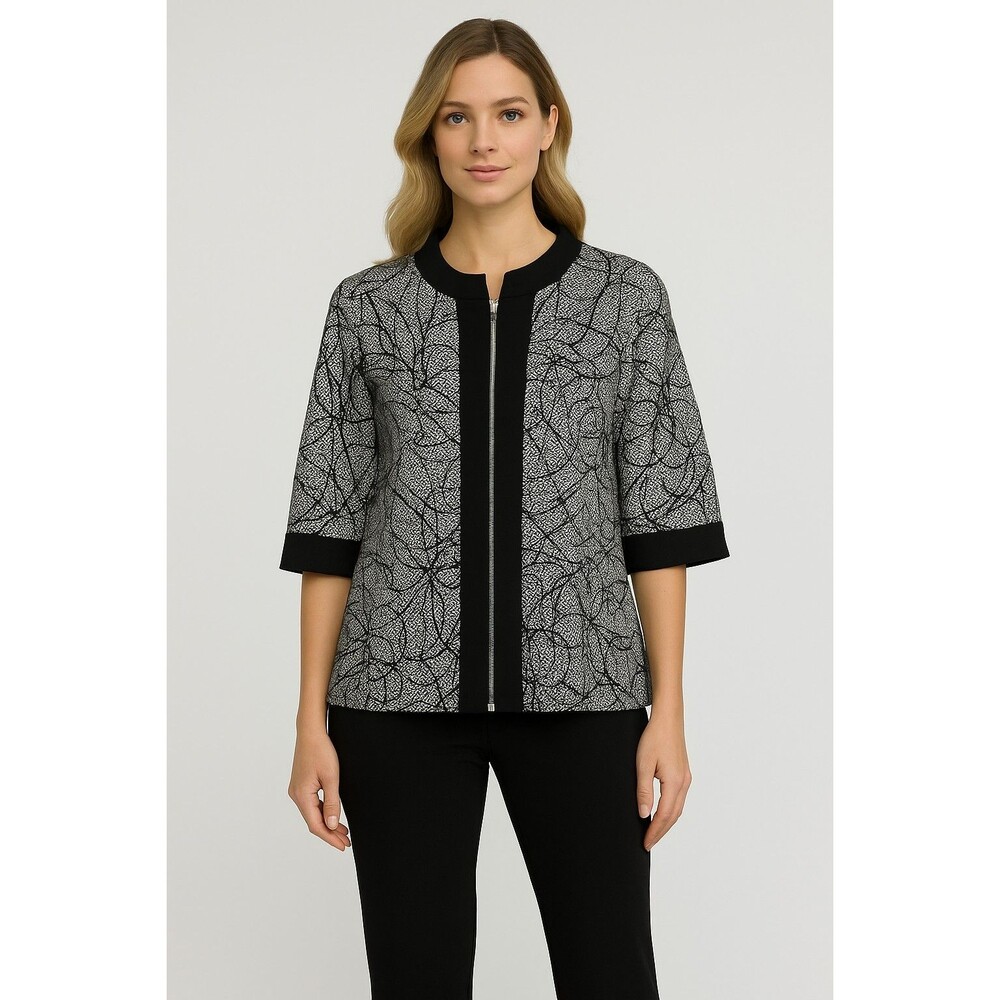 Joseph Ribkoff Women’s Size 8 Black White Abstract Print 2-Way Zip Front Jacket